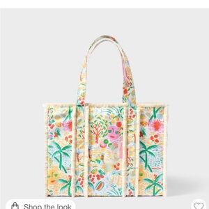 Roller Rabbit Tropical Canvas Tote in Cream, Green, Pink